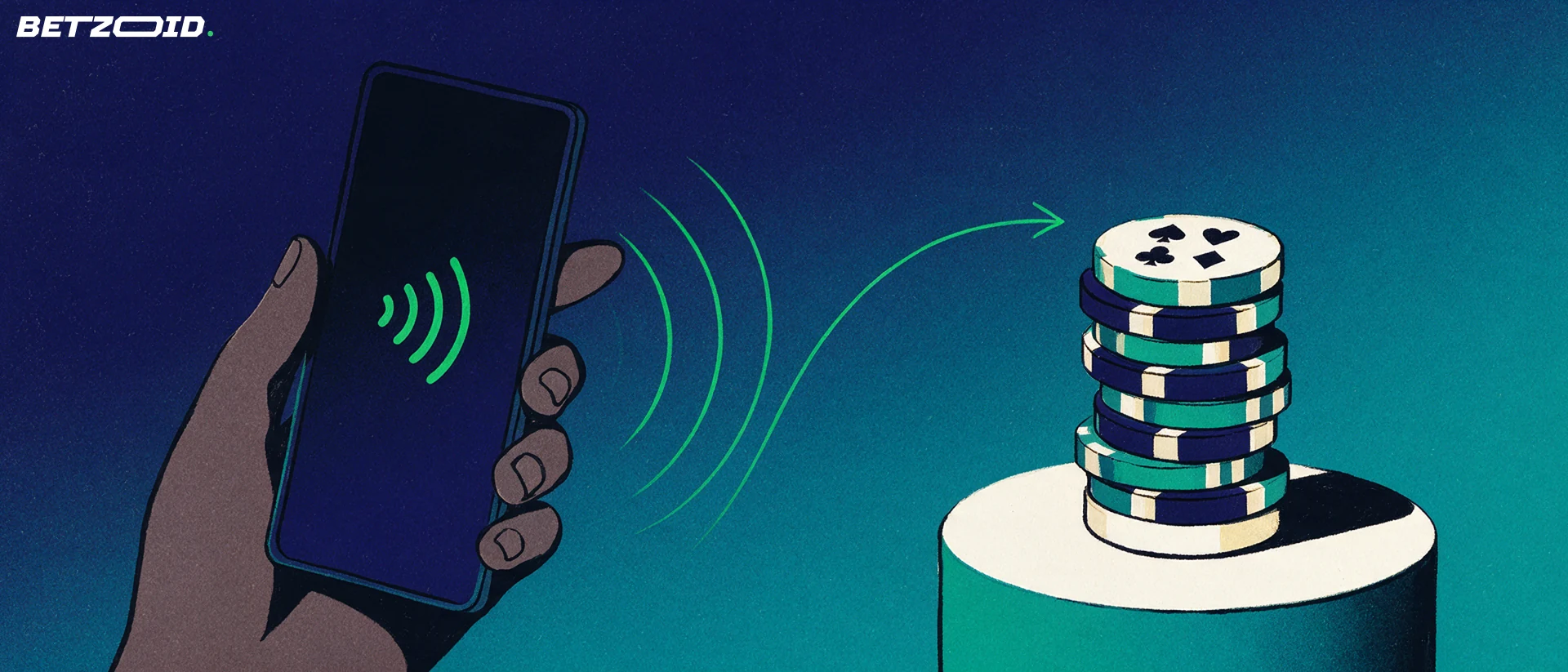 Illustration of a hand holding a smartphone sending contactless waves toward a stack of casino chips marked with card suits.
