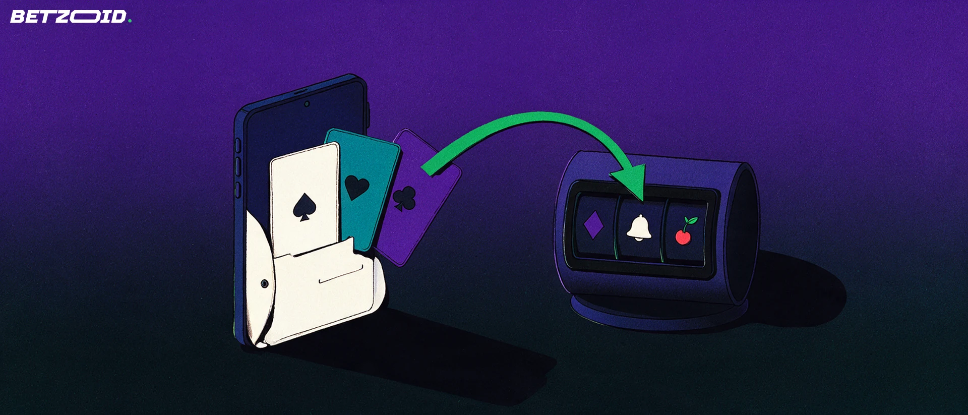 Illustration of a phone-shaped wallet holding plain cards with card suits, an arrow curving into a slot machine reel window.