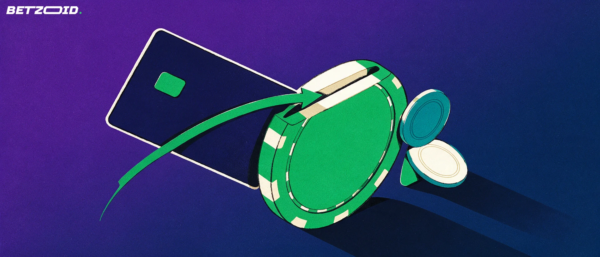 Illustration of a plain payment card sliding into a slot on a large casino chip, with an arrow showing a deposit
