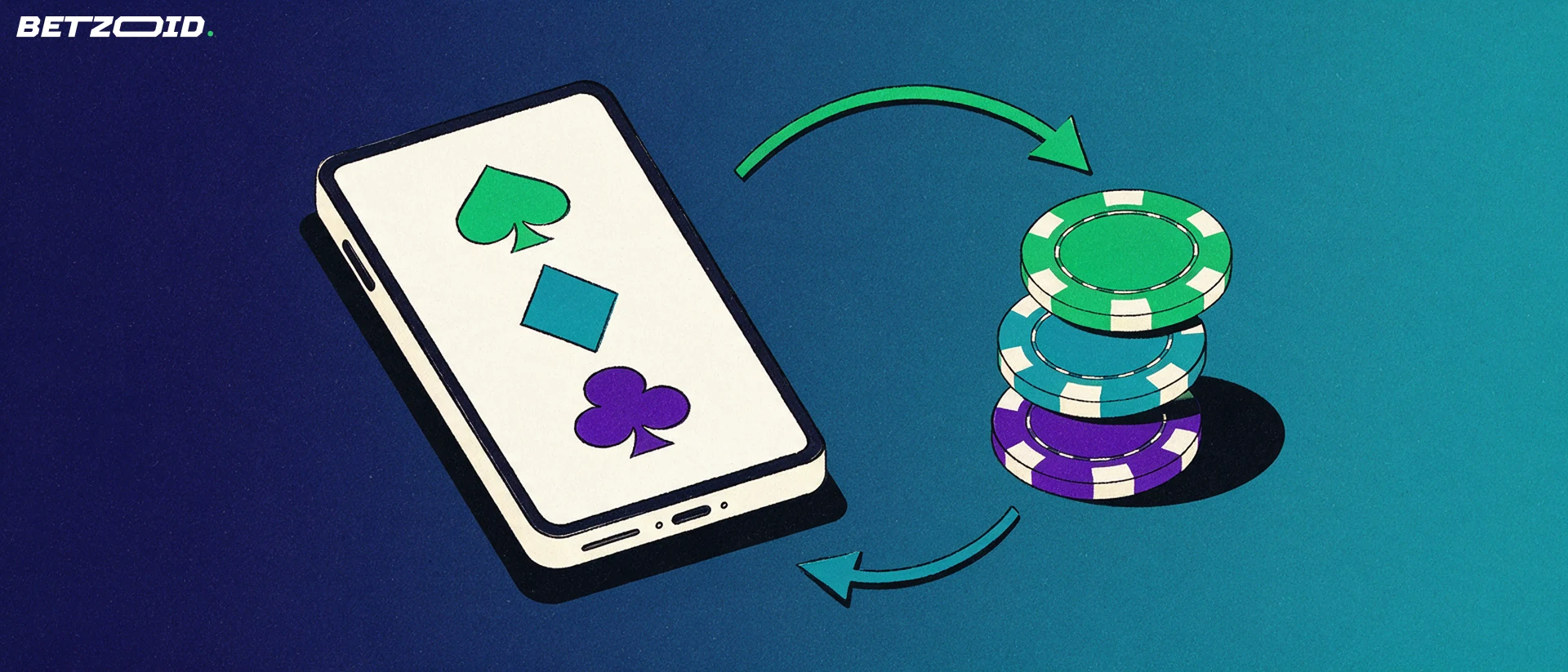 Illustration of a phone showing card-suit symbols with arrows looping to and from a stack of casino chips