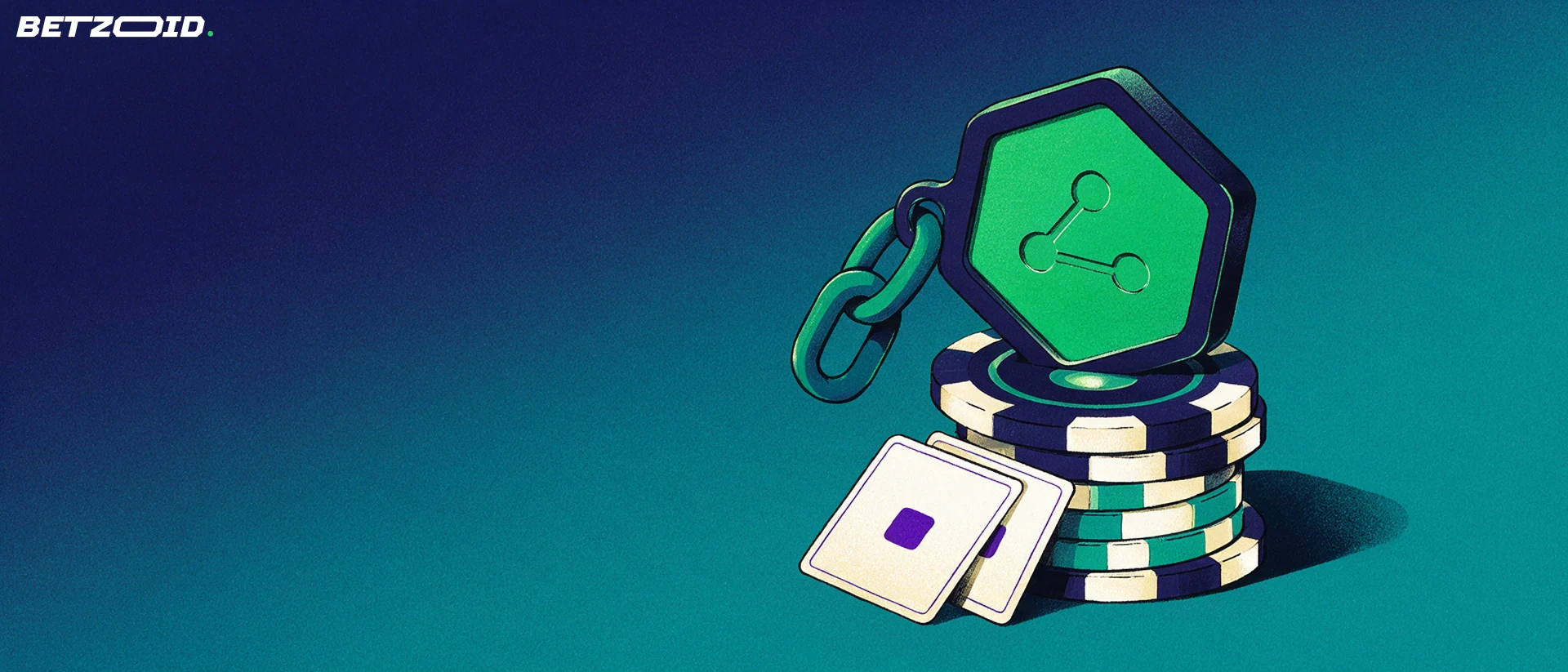 Illustration of a hexagonal crypto token embedded in a stack of casino chips, joined by chain links beside two playing cards.