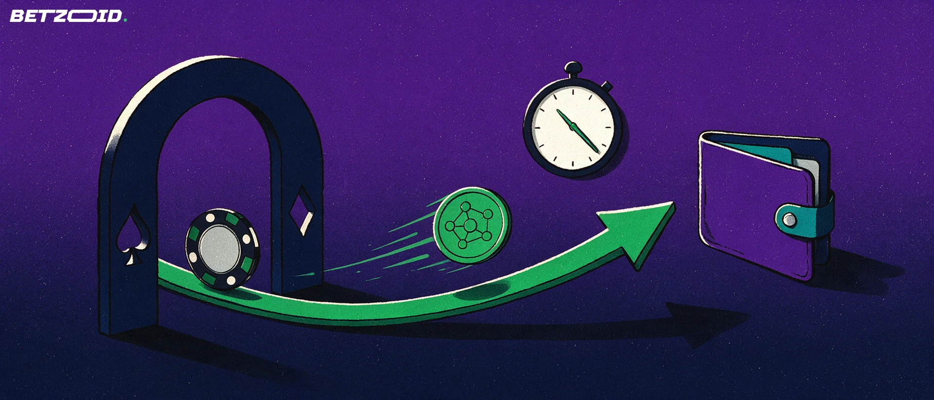 Illustration of a casino chip turning into a crypto token as it travels along an arrow from a card-suit archway into an open wallet, with a stopwatch above.
