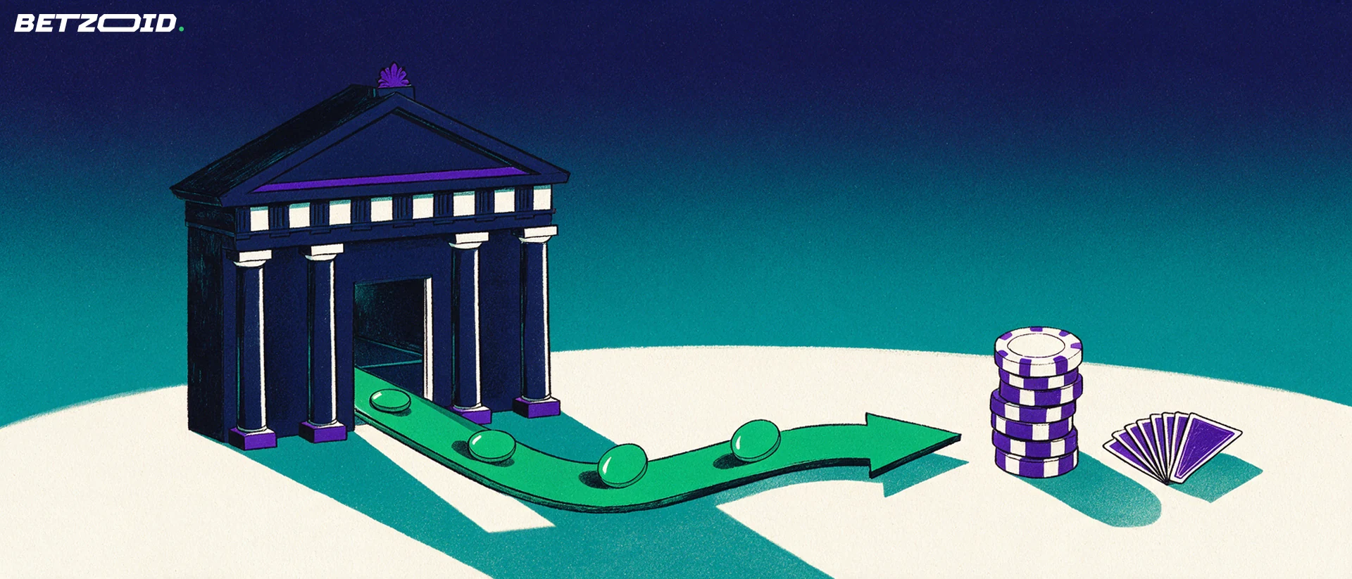 Illustration of a bank building with a green arrow channel carrying discs into a stack of casino chips and playing cards.