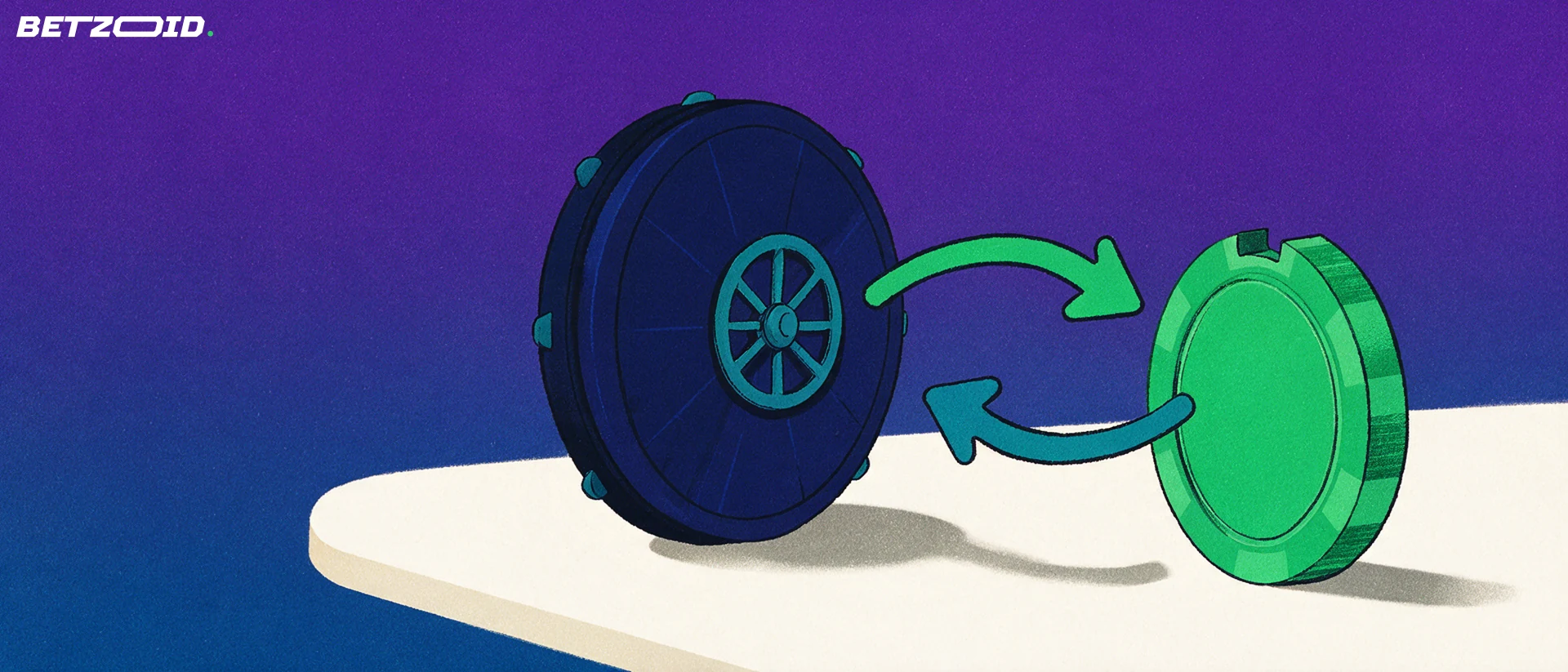 Illustration of a round bank vault door and a casino chip linked by two curved arrows pointing in opposite directions.