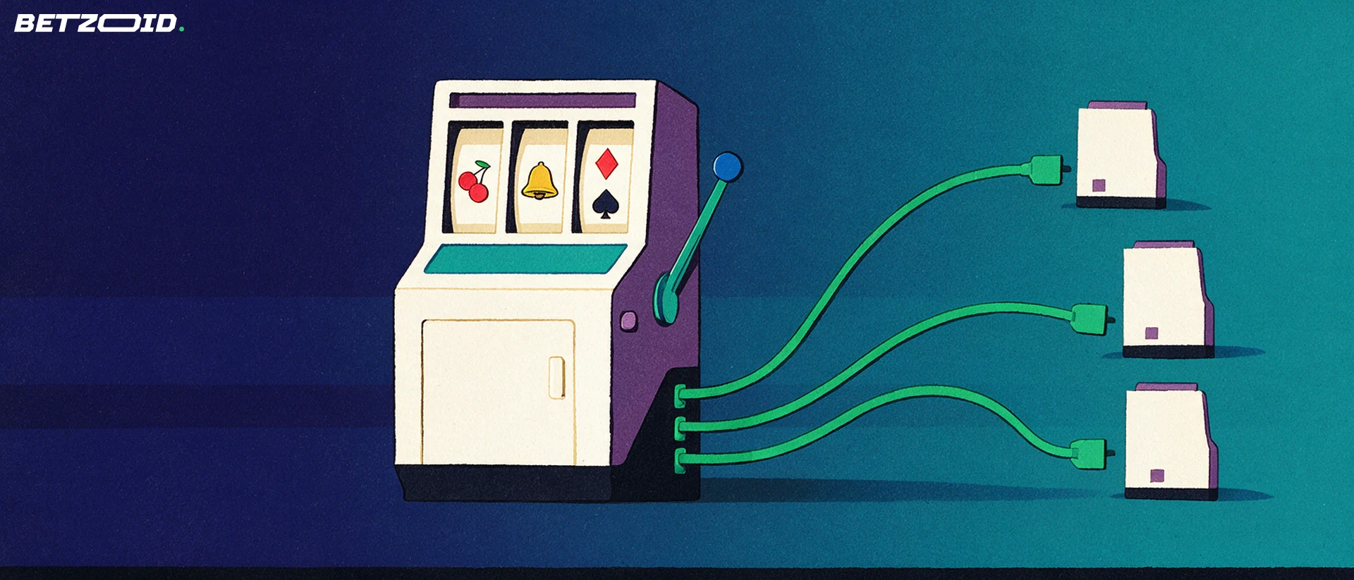 Illustration of a slot machine cabinet with fruit and card-suit reel symbols, connected by cables to three smaller cabinets.