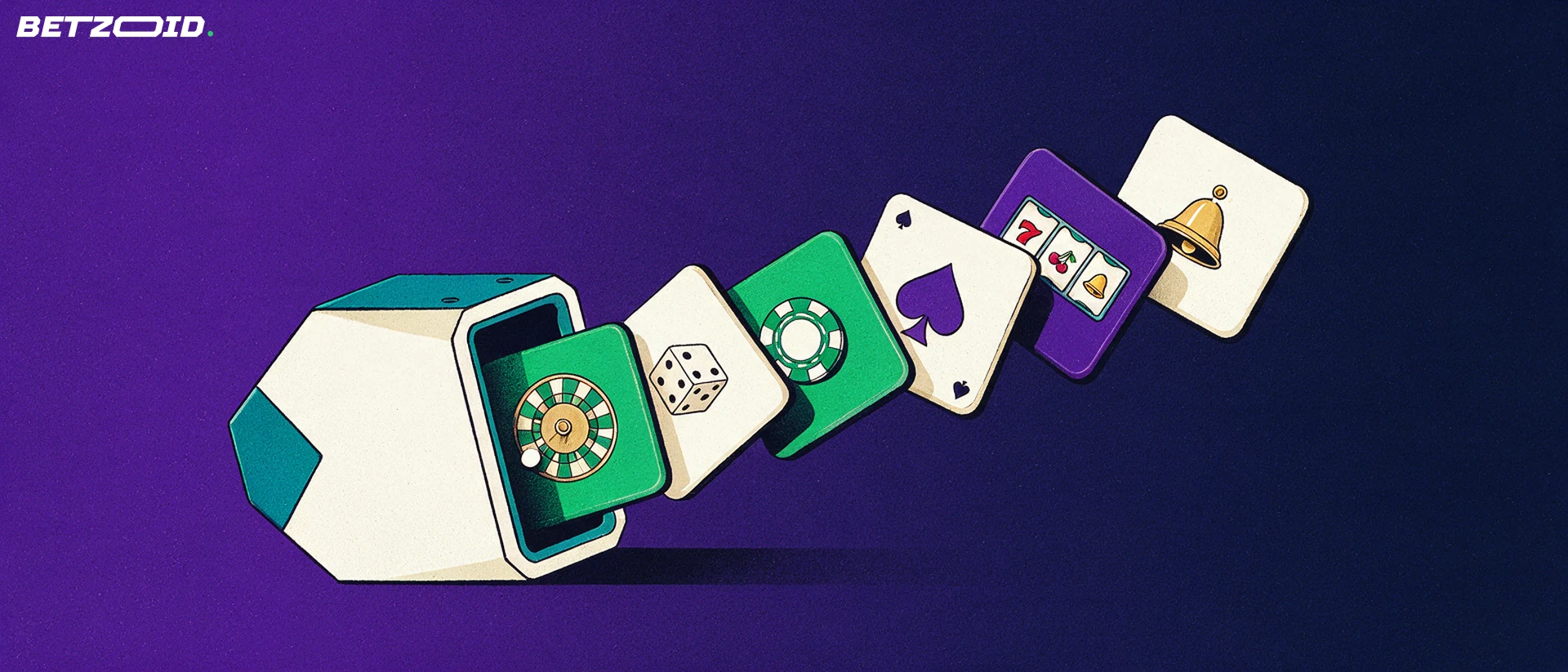 Illustration of a fanned arc of casino game tiles with roulette, dice, chip, card-suit and reel symbols emerging from a small module.