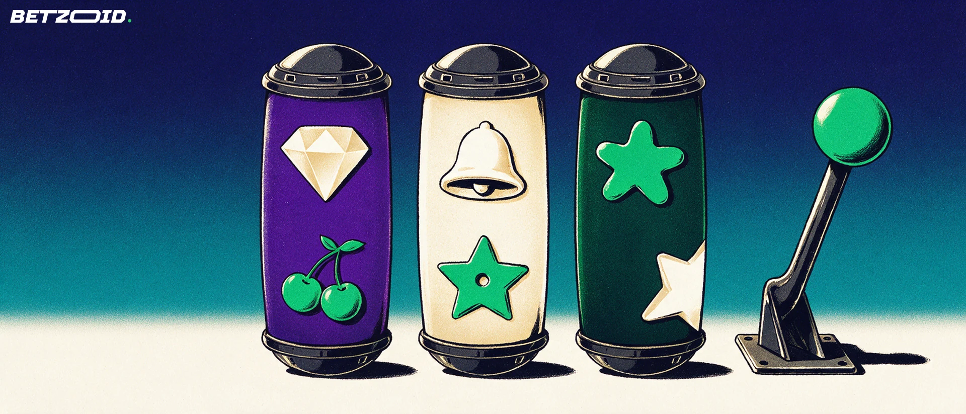 Illustration of three slot machine reel drums showing diamond, bell, cherry and star symbols beside a pull lever.