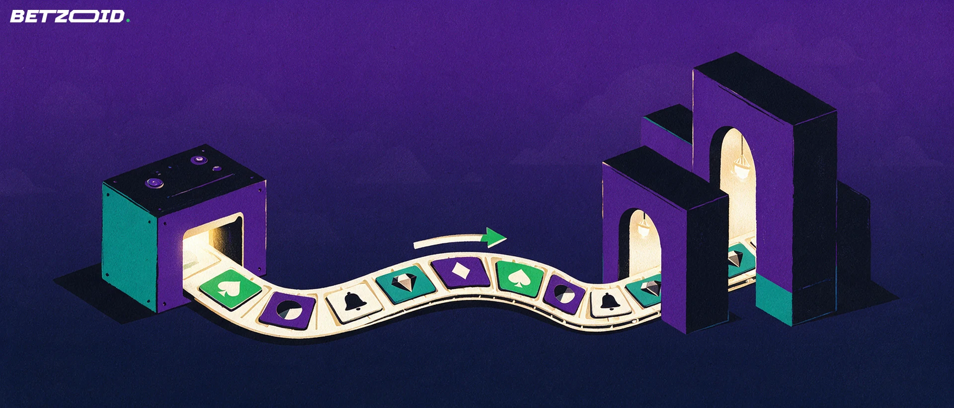 Illustration of a game studio block sending a conveyor of casino game tiles into three arched casino entrances.