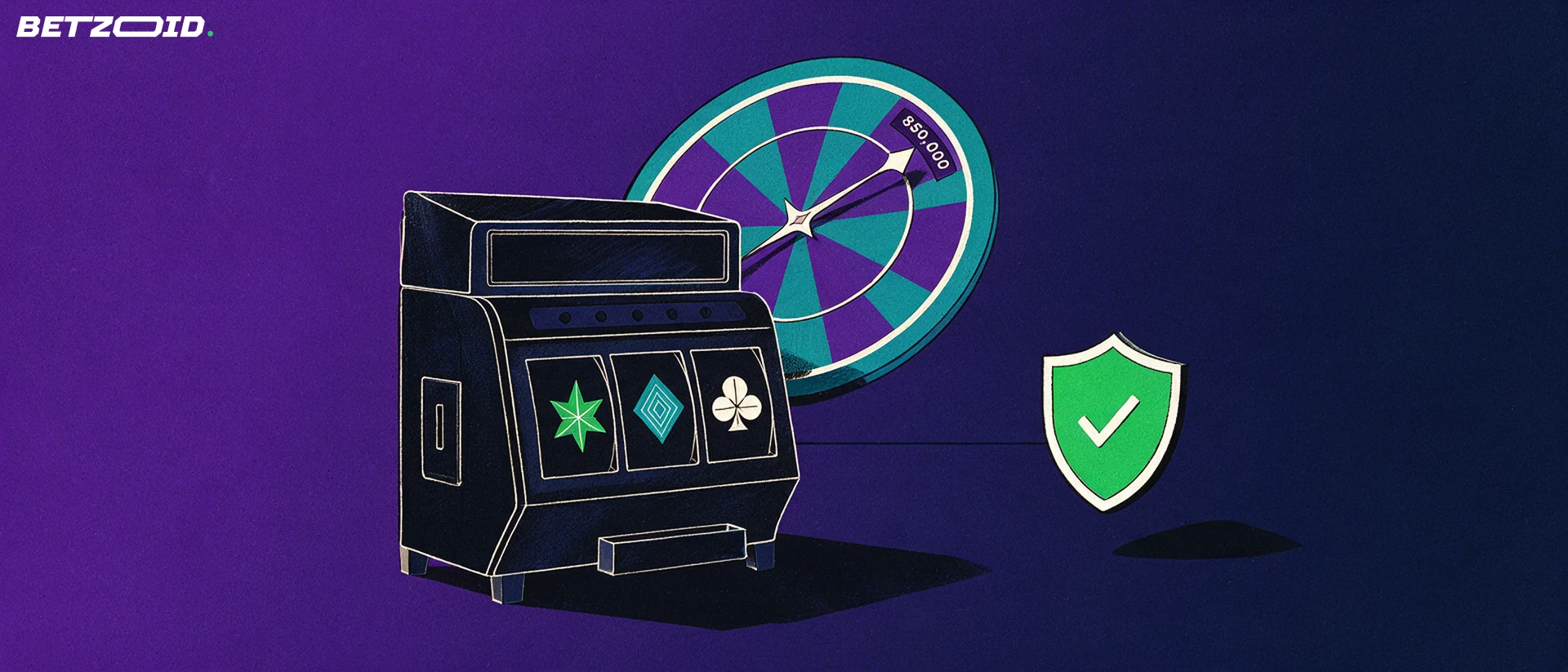 Illustration of a slot machine cabinet with symbol reels, a tilted roulette wheel behind it and a green shield with a check mark.