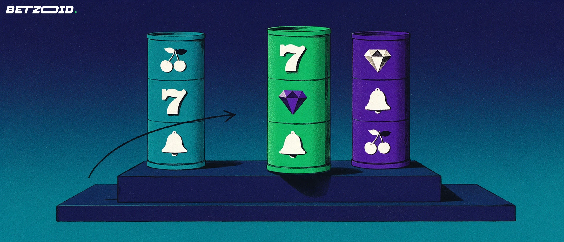 Illustration of three slot reel drums on a shelf with fruit, seven and gem symbols, one drum pushed forward and highlighted in green