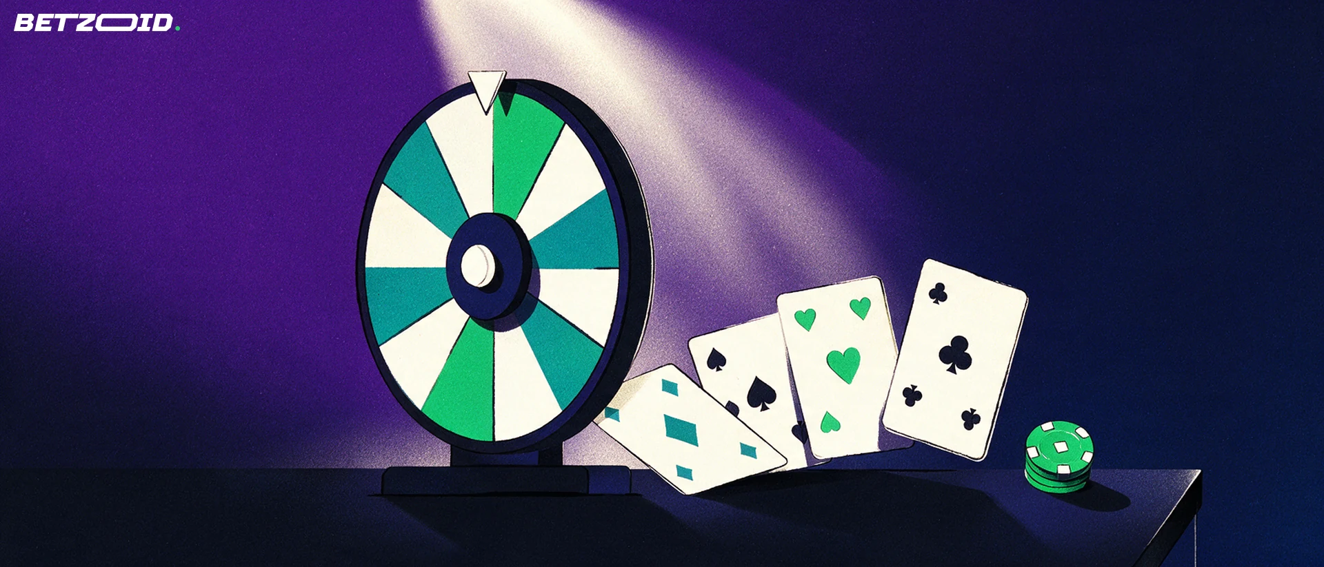 Illustration of a segmented live casino wheel with a pointer, a fan of plain playing cards and a single chip on a table edge