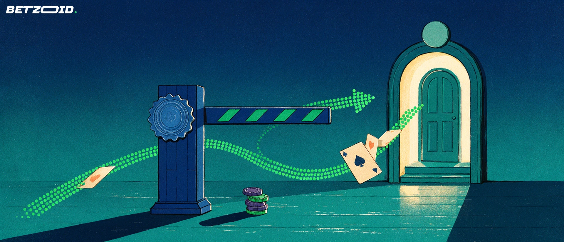 Illustration of casino chips and cards following a curved arrow around a closed checkpoint barrier toward a glowing arched casino doorway with a different certification medallion.
