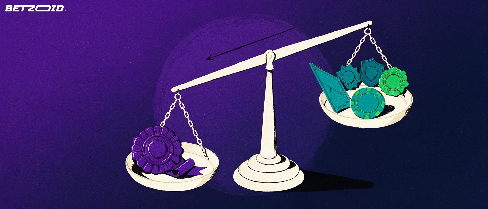 Illustration of a balance scale weighing one large official-style seal against three differently shaped certification medallions with a casino chip and playing card.