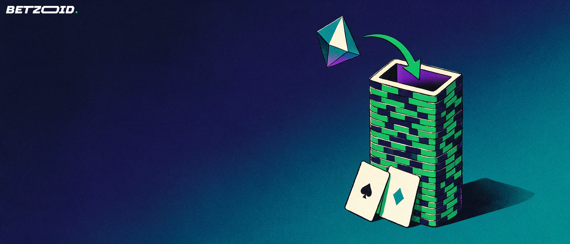 Illustration of a crystal octahedron token being inserted into a slot in a tall stack of casino chips, with an arrow showing the deposit direction