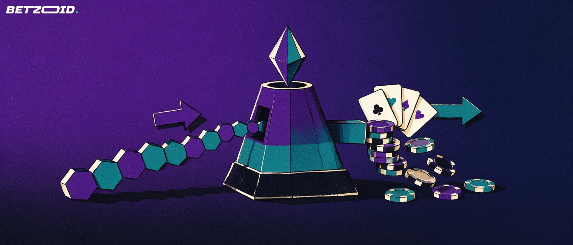 Illustration of a chain of hexagonal blocks feeding a funnel that outputs casino chips and playing cards, with arrows in both directions