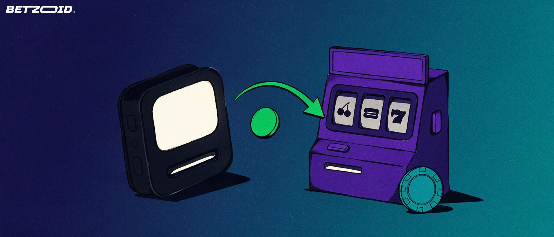 Illustration of a digital wallet sending a green payment token along an arrow into the coin slot of a slot machine.