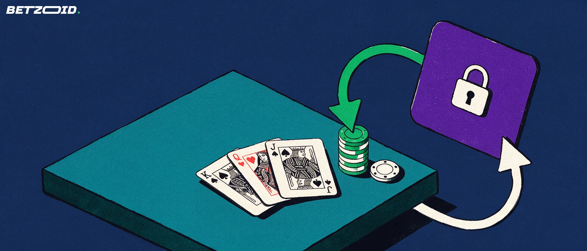 Illustration of a secure e-wallet panel connected by two looping arrows to casino chips and playing cards on a table.
