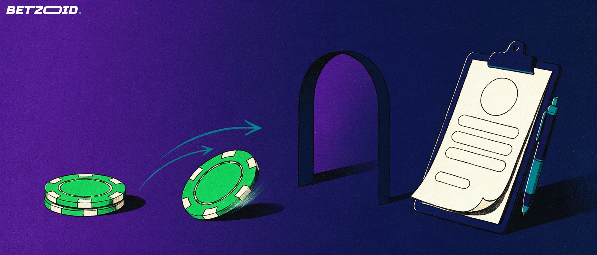 Illustration of a casino chip rolling through an open archway while a blank sign-up form on a clipboard folds away.