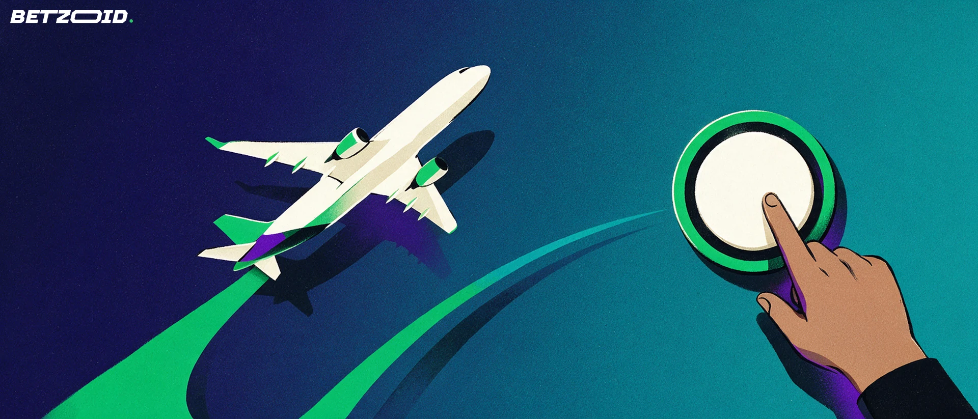Illustration of a rising geometric aeroplane on a green climbing curve beside a large round cash-out button pressed by a hand.