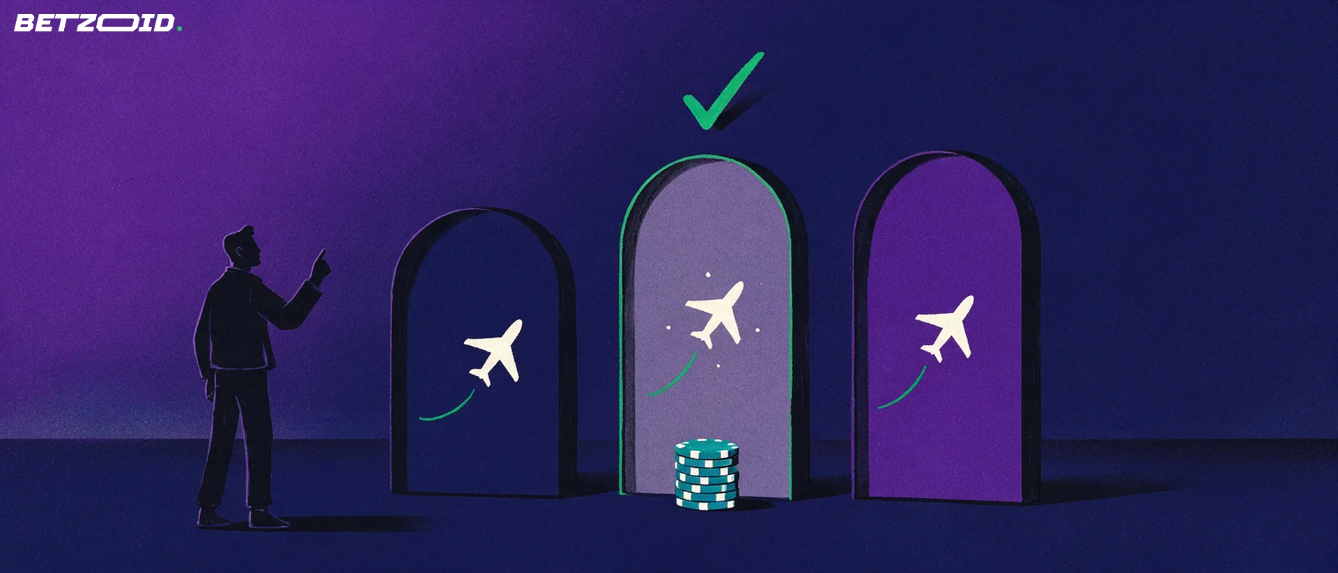 Illustration of three arched casino cabinets each showing a small rising aeroplane emblem, with the middle one marked by a green tick.