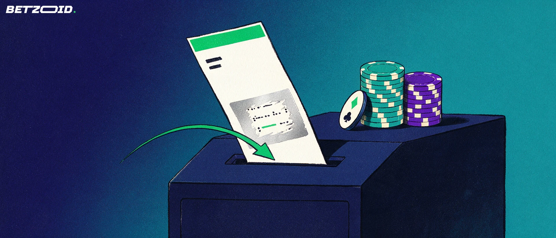 Illustration of a prepaid voucher with a scratched code strip sliding into a cashier deposit slot next to stacks of casino chips.