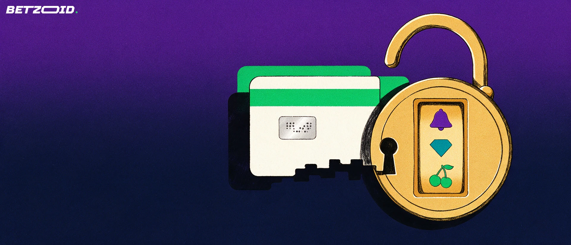 Illustration of a prepaid voucher card shaped like a key unlocking a round lock drawn as a slot machine reel with three symbols.