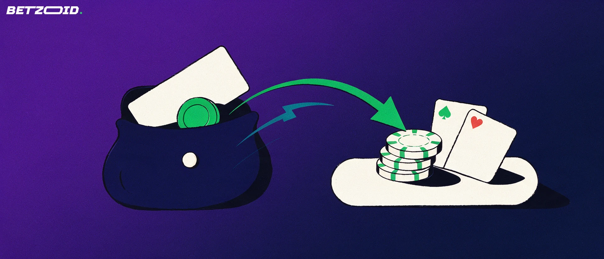Illustration of a digital wallet sending funds along a green arrow into a stack of casino chips and two playing cards.
