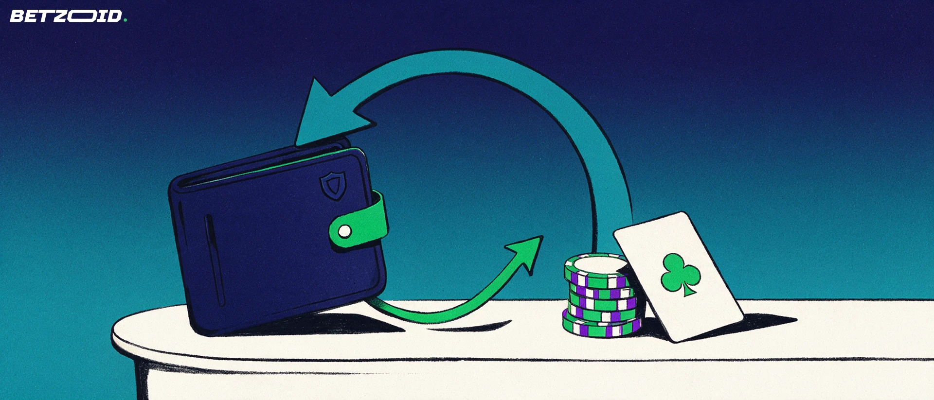 Illustration of a looping arrow carrying casino chips back into a secure digital wallet, with a second arrow returning.
