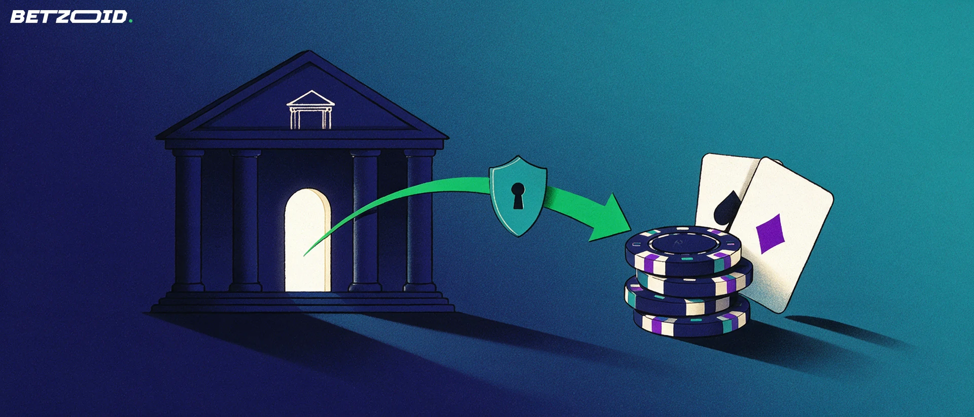 Illustration of a bank building with a green arrow running through a keyhole shield into a stack of casino chips and playing cards.