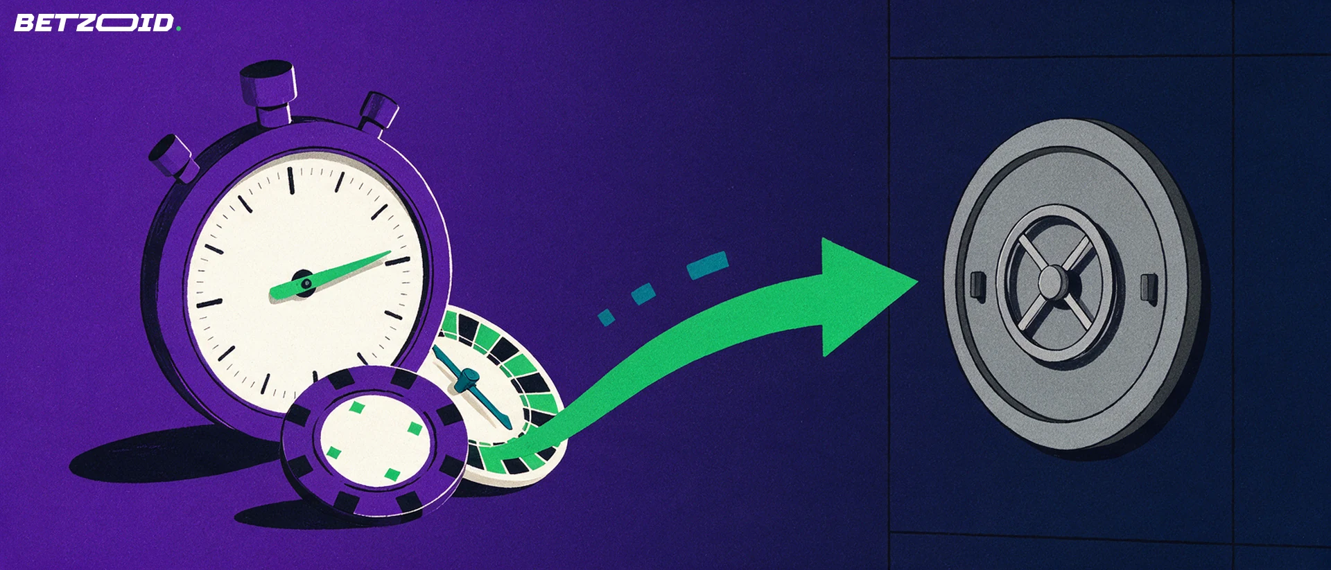 Illustration of a stopwatch and casino chip with a green arrow carrying value into a round bank vault door.