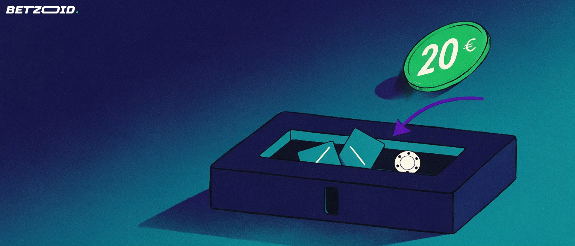Illustration of a green coin marked 20 euro dropping into a deposit slot on a chip tray holding cards and a casino chip
