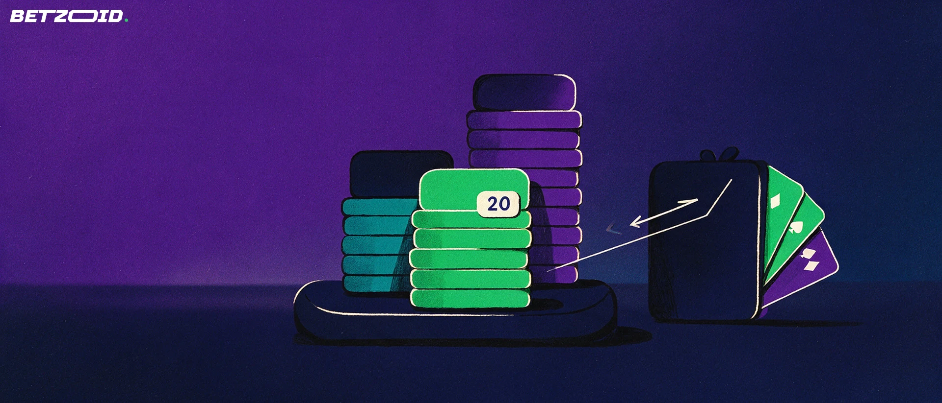 Illustration of three chip stacks of different heights with the middle green stack labelled 20 linked by an arrow to a card-shaped wallet