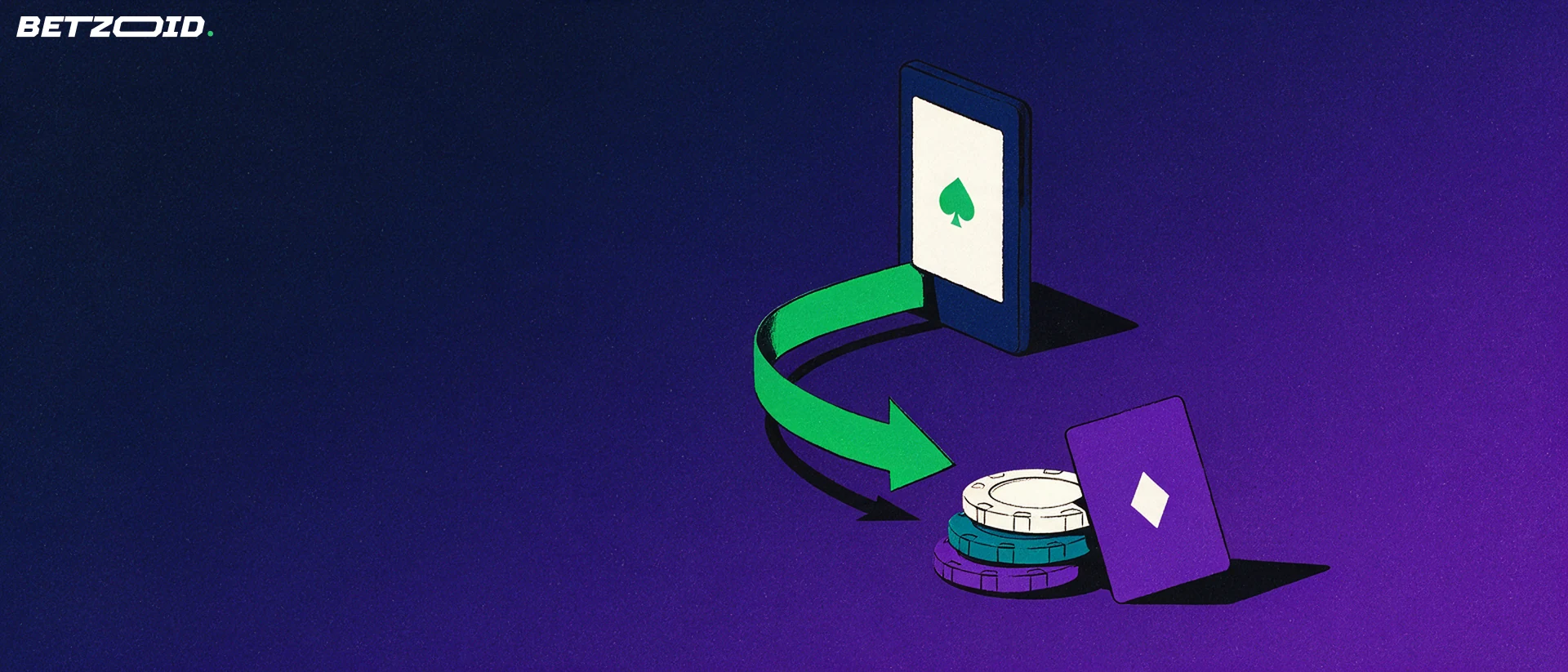 Illustration of a smartphone sending a green arrow of funds into a stack of casino chips and a playing card.