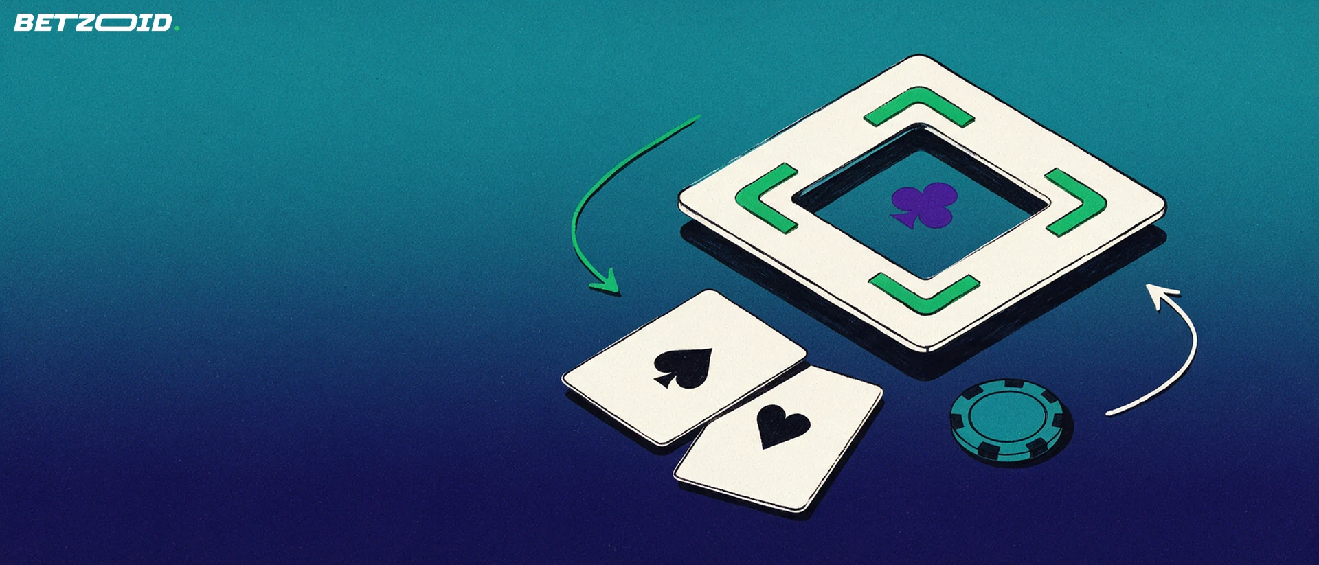 Illustration of a mobile scan frame with two curved arrows exchanging funds with playing cards and a casino chip.