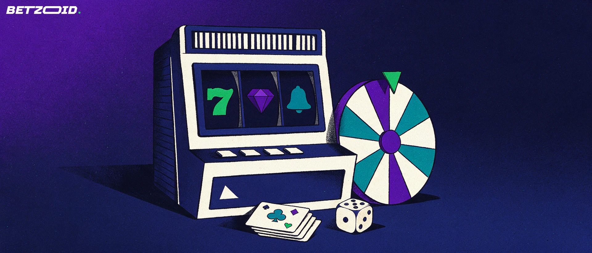 Illustration of a slot cabinet with three symbol reels beside a game-show wheel, card tiles and a die.