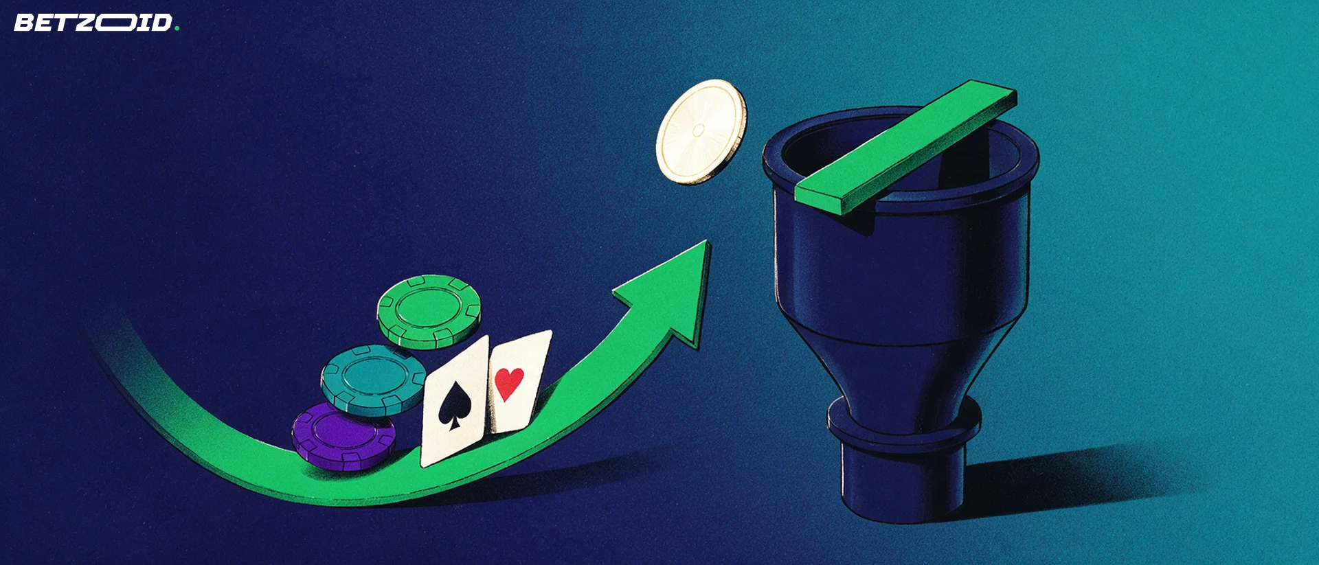 Illustrazione di un imbuto per monete sigillato da una barra verde, con una moneta respinta e fiches e carte da gioco che salgono lungo una freccia.
