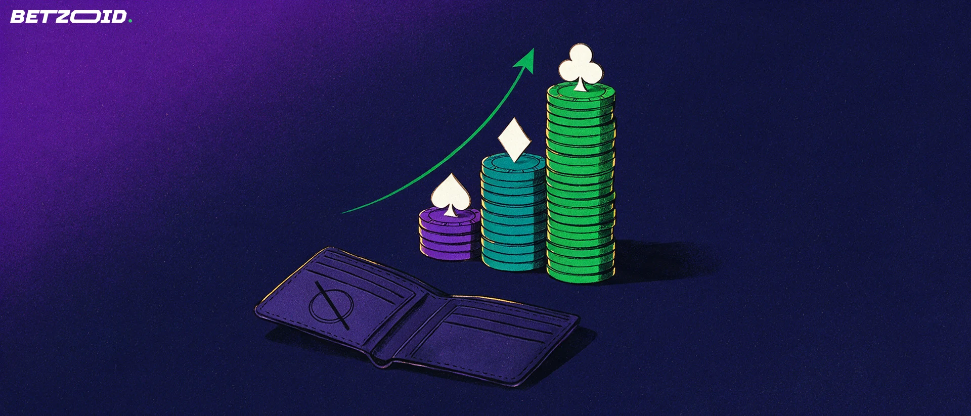 Illustrazione con tre colonne di fiches da casinò di altezze diverse sormontate da simboli delle carte e un portafoglio vuoto con un foro per monete barrato.