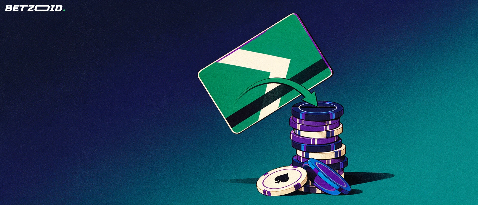Illustrazione di una carta prepagata verde che scivola in una fessura sopra una pila di fiches da casinò, con una freccia che indica il deposito.