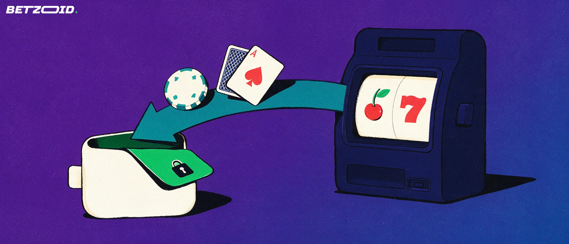 Illustrazione di una freccia che porta una fiche e una carta da gioco da una slot machine verso un portafoglio digitale aperto con lucchetto.
