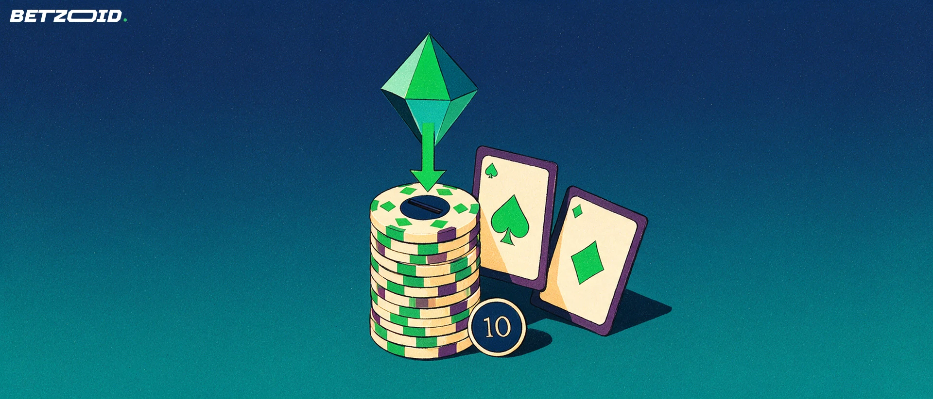 Illustrazione di un gettone di criptovaluta a forma di cristallo sfaccettato che scende in una fessura su una pila di fiches da casinò, con due carte da gioco e un distintivo con il numero 10.