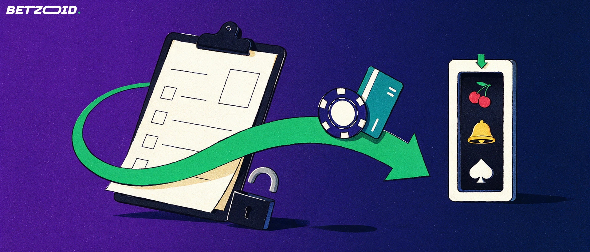 Illustrazione di un modulo di registrazione vuoto scavalcato da una freccia verde che porta una fiche e una carta verso i rulli di una slot