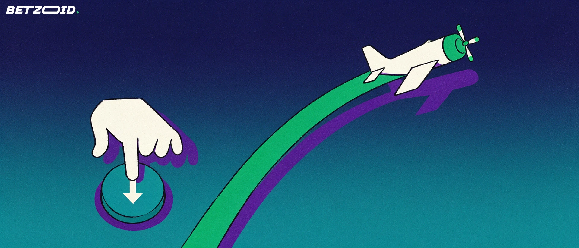 Illustrazione di un piccolo aereo che sale lungo una curva verde mentre una mano preme un pulsante rotondo con freccia verso il basso.