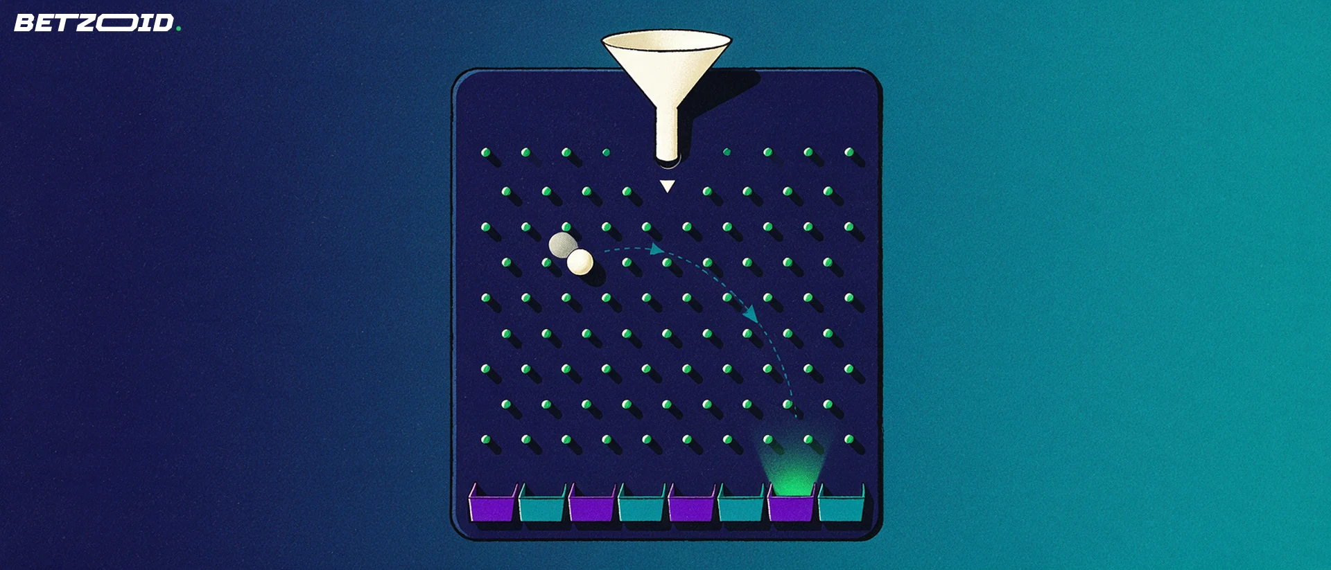 Illustrazione di un tabellone Plinko con griglia di pioli e una pallina che rimbalza verso le caselle in basso.