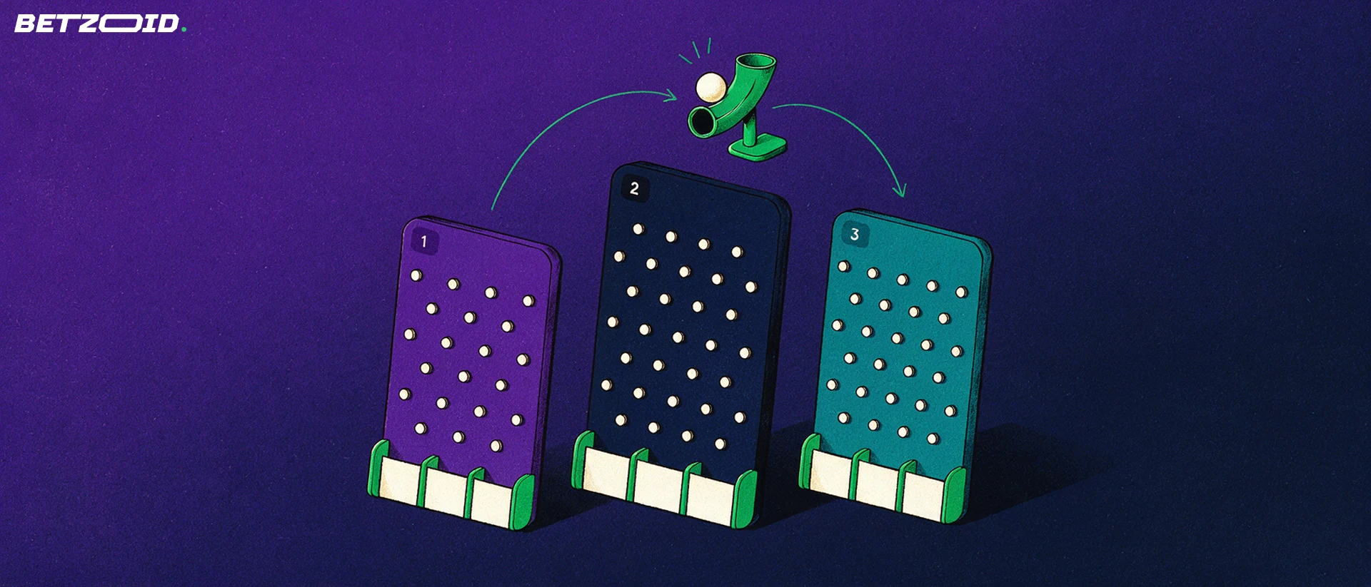 Illustrazione di tre tabelloni Plinko di dimensioni diverse affiancati, con una pallina sospesa sopra pronta a scendere.