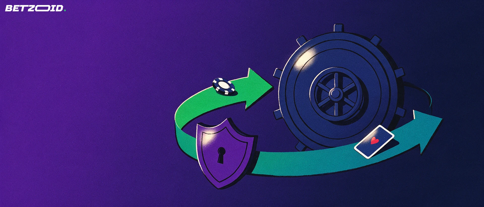 Illustrazione di una porta blindata di banca circondata da un anello di frecce che scambia una fiche e una carta da gioco, con uno scudo e una serratura.
