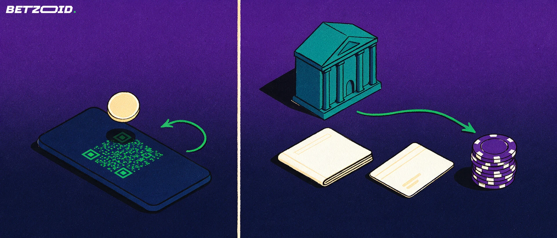 QRコード決済のスマートフォンと銀行の建物・通帳を左右に並べ、銀行側の矢印だけがカジノチップへ届く比較イラスト