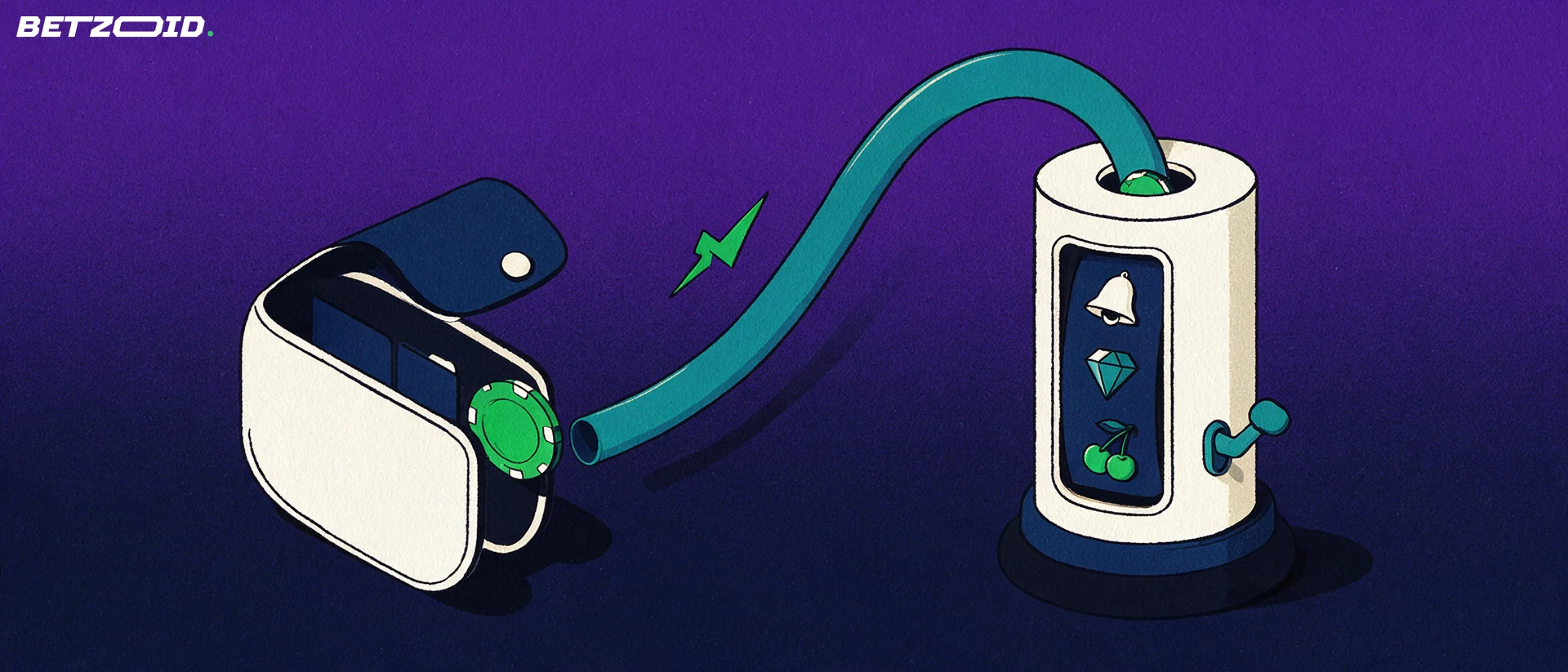 Ilustración de un monedero abierto que envía una ficha verde por un tubo curvo hasta la ranura de un tambor de máquina tragamonedas con símbolos sencillos.