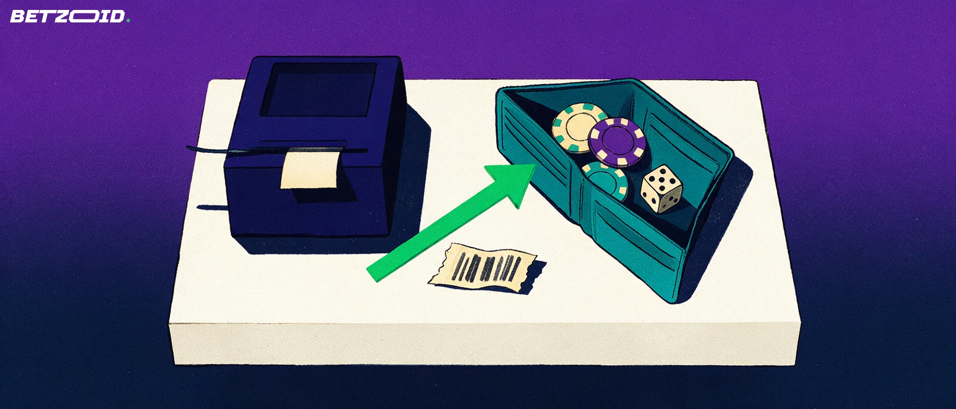 Ilustración vista desde arriba de un billete que entra en una caja registradora y una flecha que lleva el dinero a una cartera con fichas de casino.