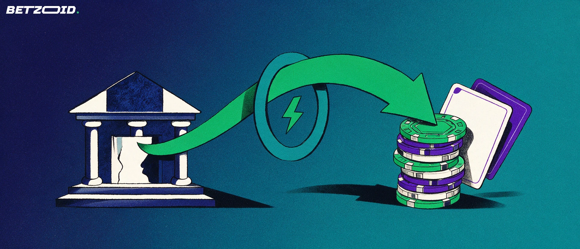Ilustración de un banco del que sale una flecha verde con un símbolo de rayo que llega a una pila de fichas de casino y dos cartas.