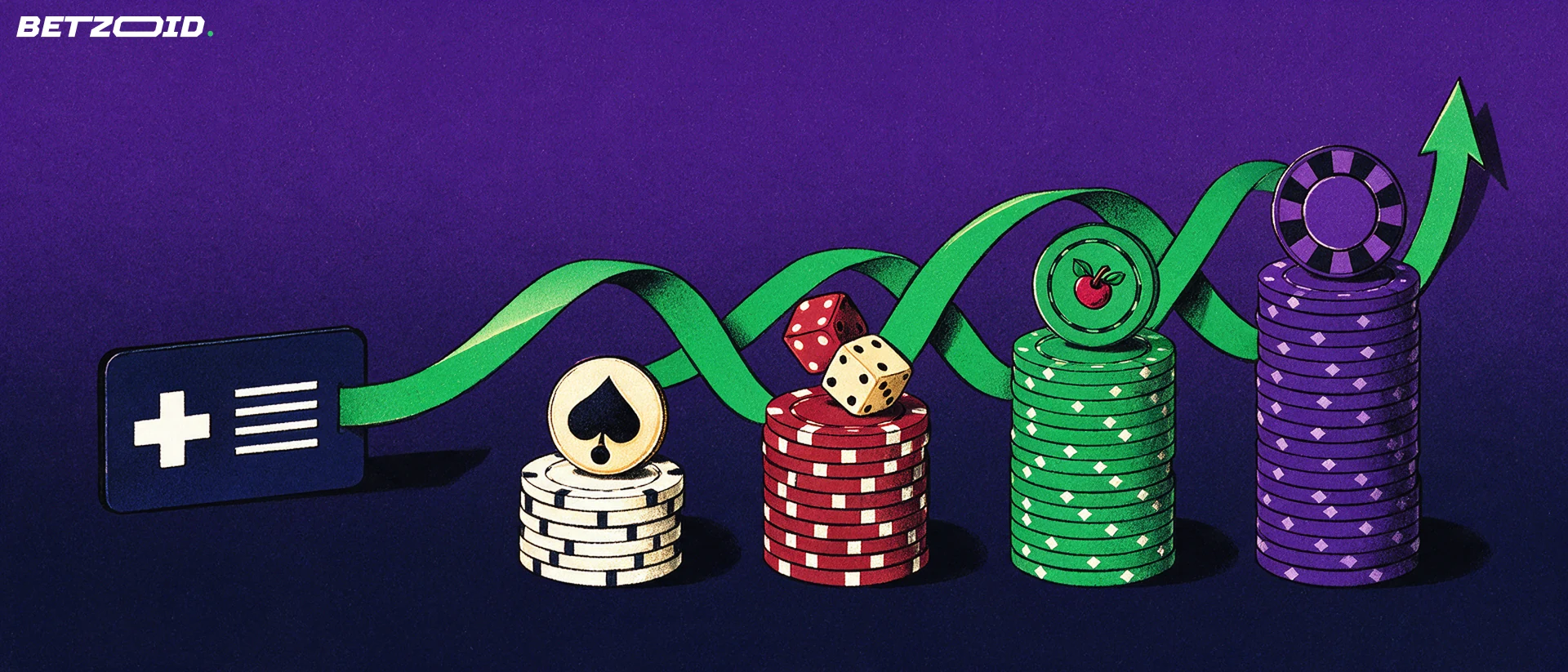 Ilustración de cuatro pilas de fichas de casino de distinta altura con símbolos de juego, unidas por una cinta verde que sale de una tarjeta bancaria.